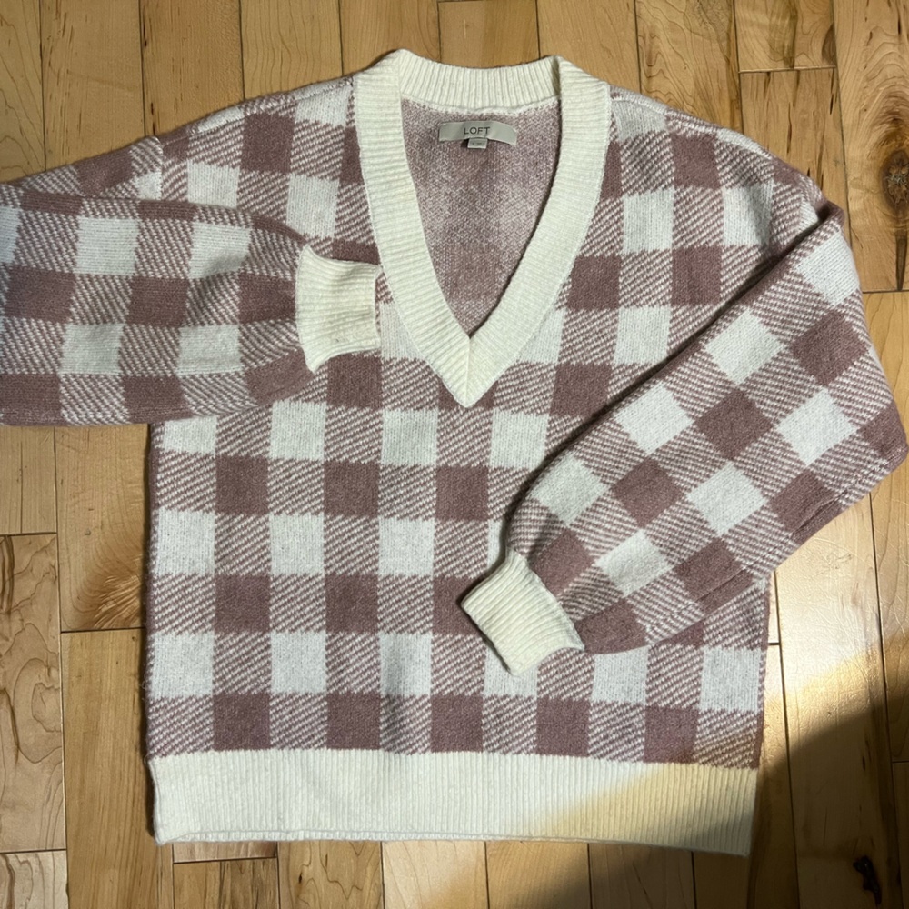 LOFT Cream and taupe Knit v-neck Sweater